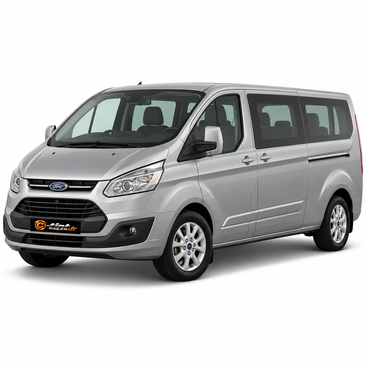 Ford Tourneo Custom Génération 1 · 2 portes latérales · vitres ouvrantes avec hayon · Custom long — vue trois-quarts avant